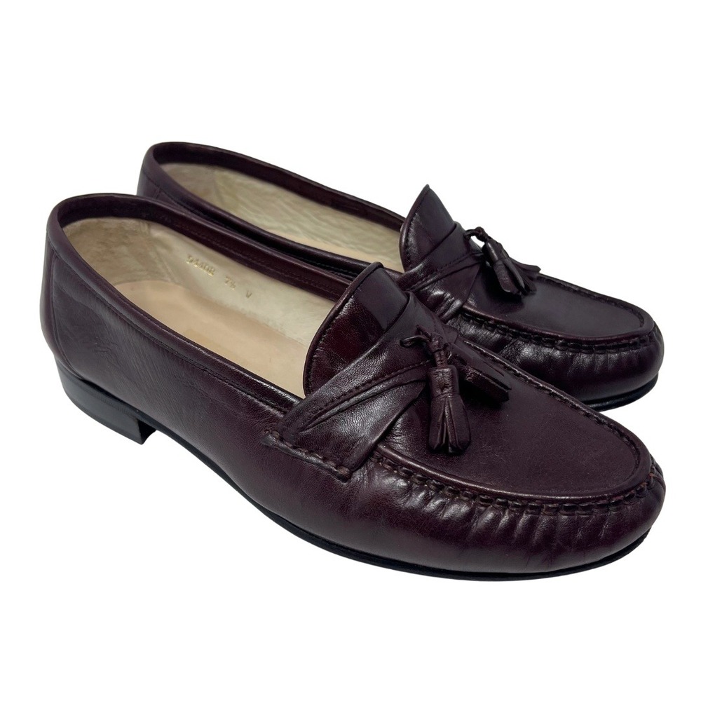 Vintage 80s Oleg Cassini Mens 7.5 W Burgundy Leather Tassel Loafers Italy